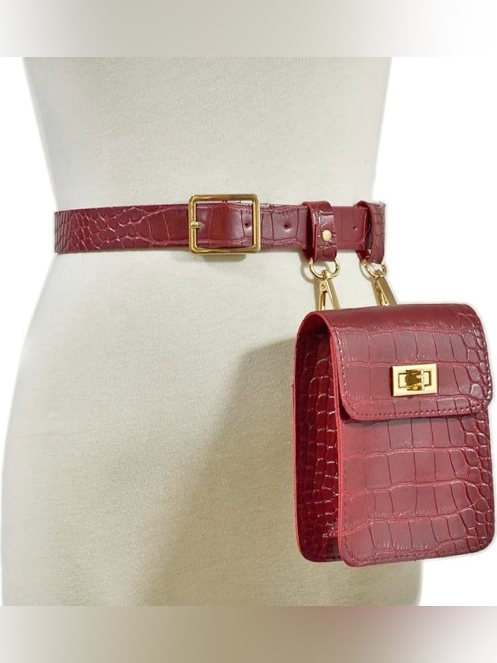 Women's Burgundy Croc-Embossed Belt Bag with Gold Hardware Detachable